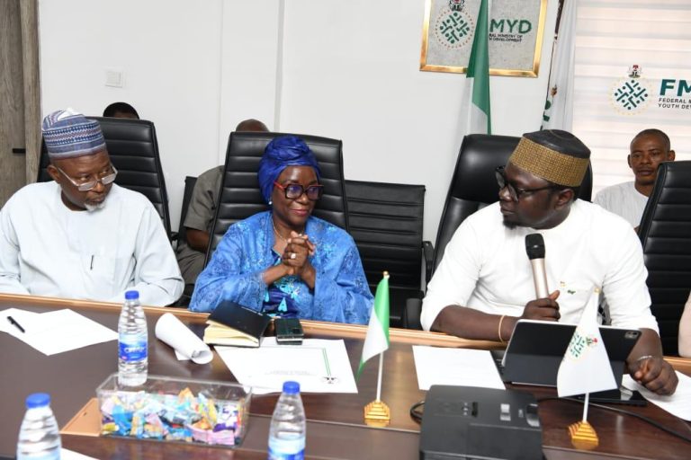 Honourable Minister of Youth Development, Comrade Ayodele Olawande, Permanent Secretary, Federal Ministry of Youth Development, Dr. Maryam Keshinro, Director of Education, Youth & Development of the Ministry, Mr. Kabir Mohammed during the visit of IITA officials to the Minister.