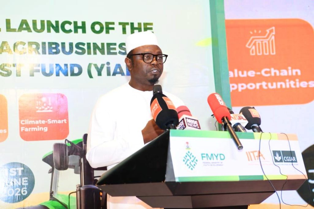  The Honourable Minister of Youth Development, Comrade Ayodele Olawande, delivering his address at the launch of the Youth in Agribusiness Land Trust Fund (YiALTF), held in Abuja on Monday, June 1, 2026.