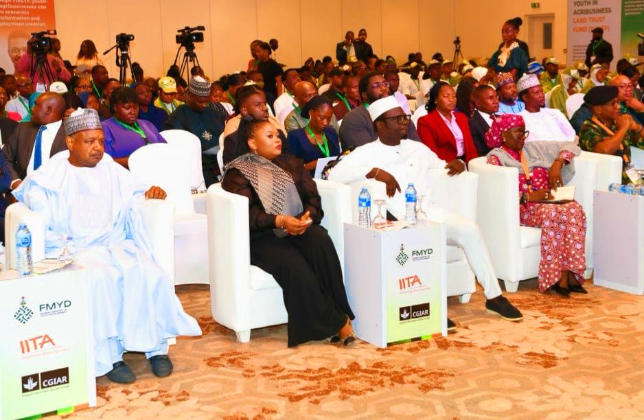 The Honourable Minister of Youth Development, Comrade Ayodele Olawande (2nd to last far right), the Honourable Minister of Budget and Economic Planning, Abubakar Atiku Bagudu (far left), representative of the International Institute of Tropical Agriculture (IITA), Mugisho Aline (2nd to last far right), and the Permanent Secretary of the Ministry, Maryam Keshinro, during the official launch of the Youth in Agribusiness Land Trust Fund (YiALTF) held in Abuja on Monday, June 1, 2026.